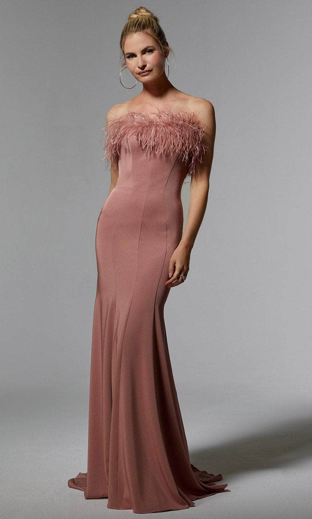 MGNY by Mori Lee 72923 - Feathered Strapless Evening Dress Prom Dress 00 /  Dusty Rose
