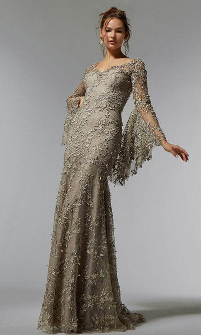 MGNY by Mori Lee 72930 - Lace V-Neck Evening Dress Prom Dress 00 /  Latte