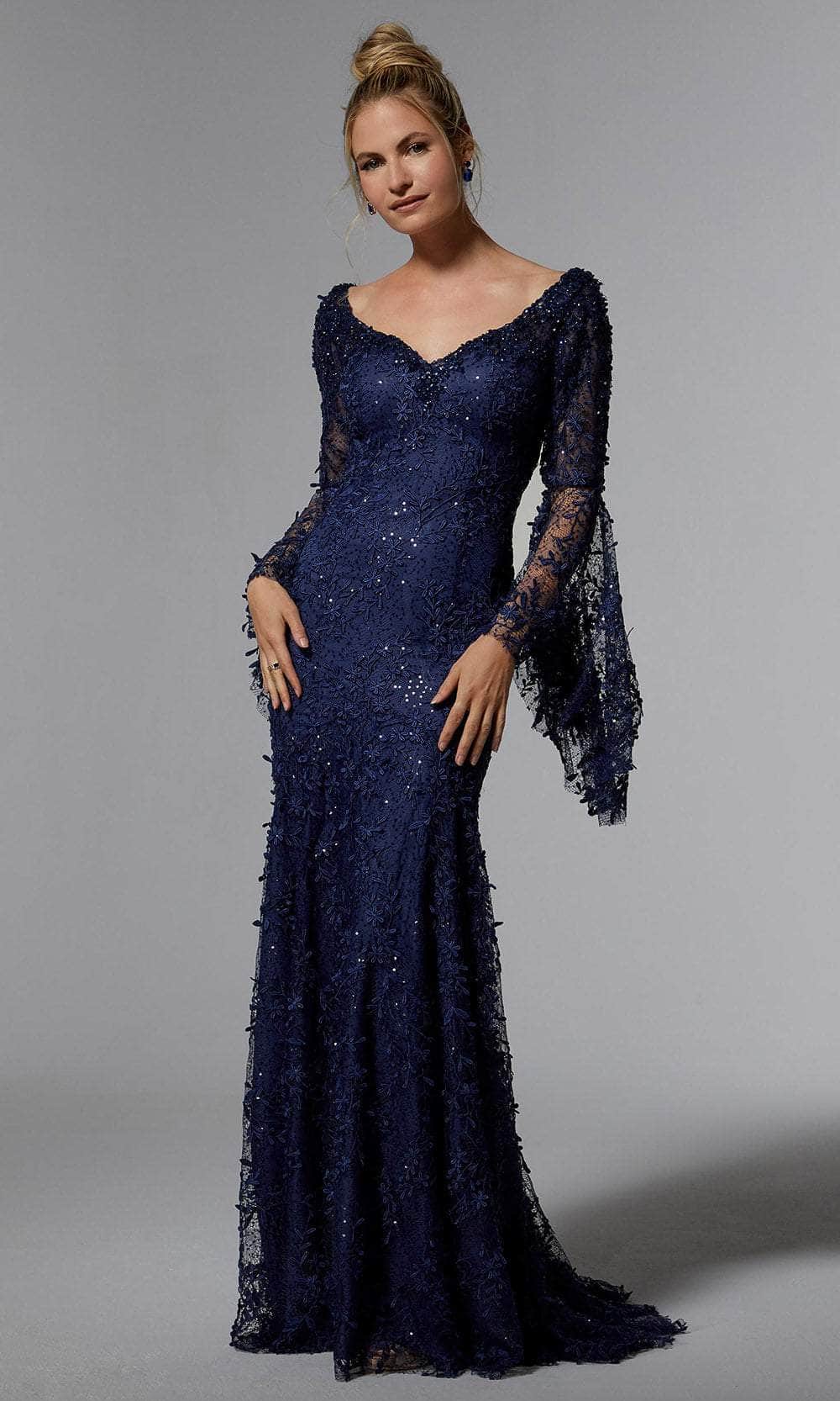 MGNY by Mori Lee 72930 - Lace V-Neck Evening Dress Prom Dress 00 /  Sapphire