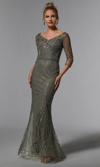 MGNY by Mori Lee 72933 - Embroidered Metallic Evening Dress Prom Dress 00 /  Charcoal