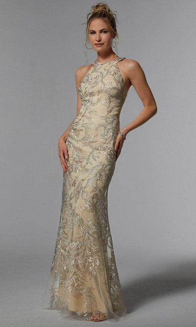 MGNY by Mori Lee 72939 - Embroidered Halter Evening Dress Prom Dress 00 /  Champagne