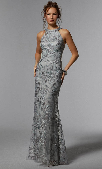 MGNY by Mori Lee 72939 - Embroidered Halter Evening Dress Evening Dresses 00 /  Silver