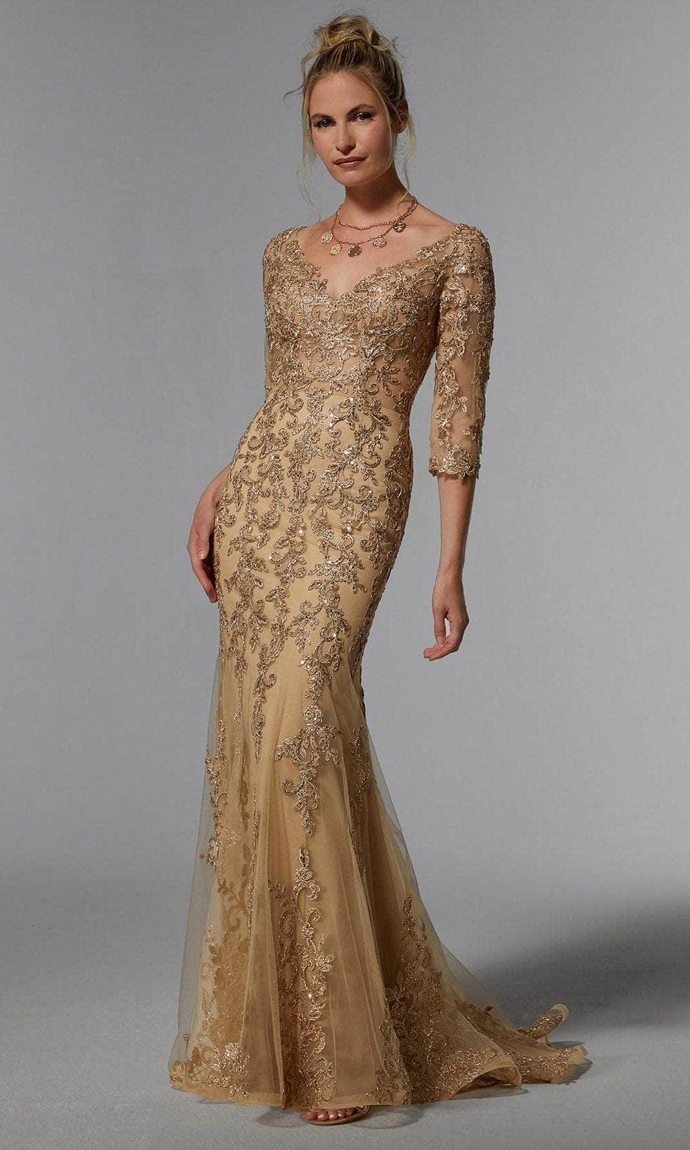 MGNY By Mori Lee 72940 - Long Sheath Dress - Quarter Sleeves, Metallic Embroidery, V-Open Back, Sweep Train ADASA MGNY By Mori Lee 72940 - Long Sheath Dress - Quarter Sleeves, Metallic Embroidery, V-Open Back, Sweep Train ADASA