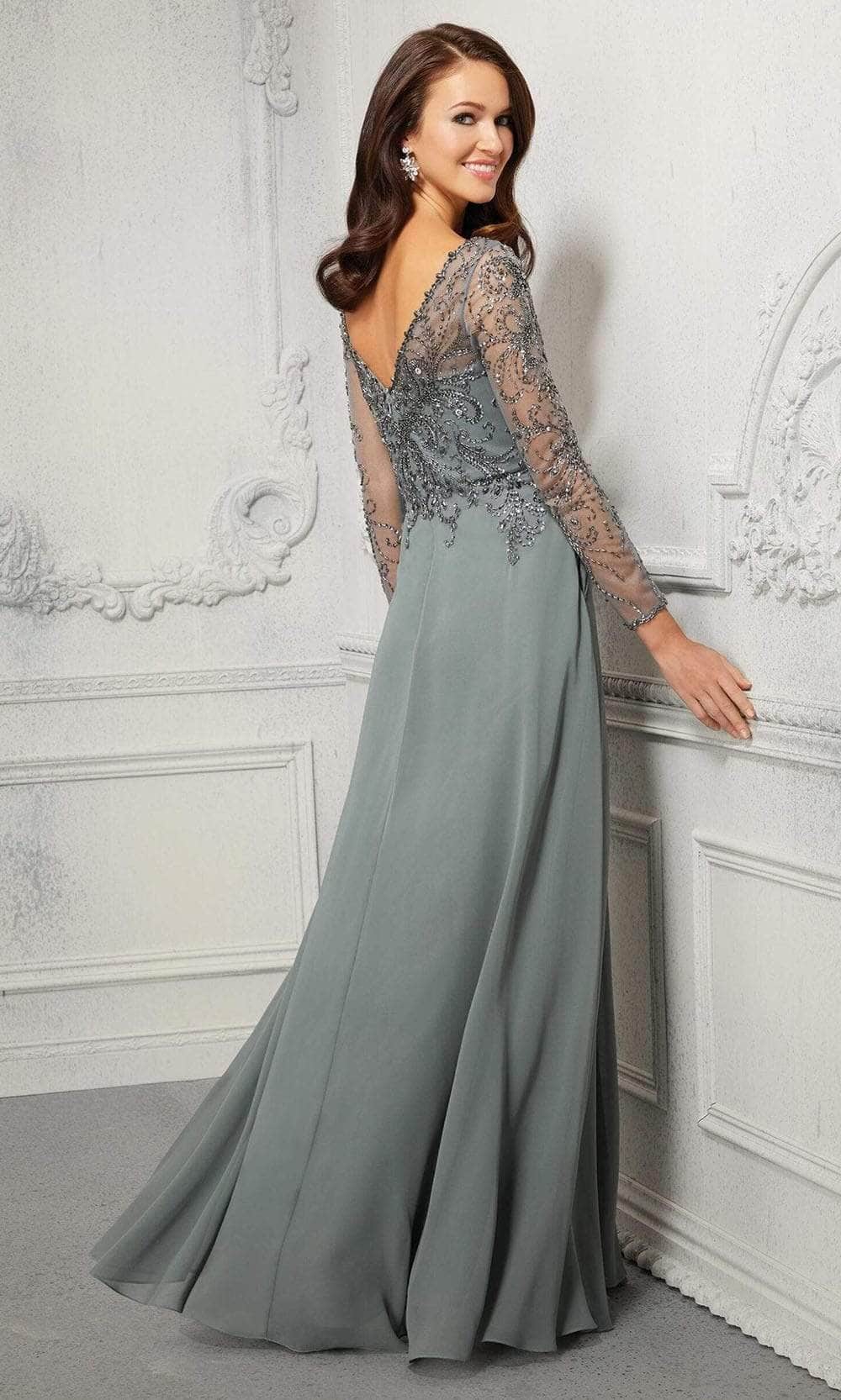 MGNY By Mori Lee - Appliqued V-Neck Evening Dress 72403SC - 1 pc Silver Sage In Size 6 Available CCSALE 6 / Silver Sage