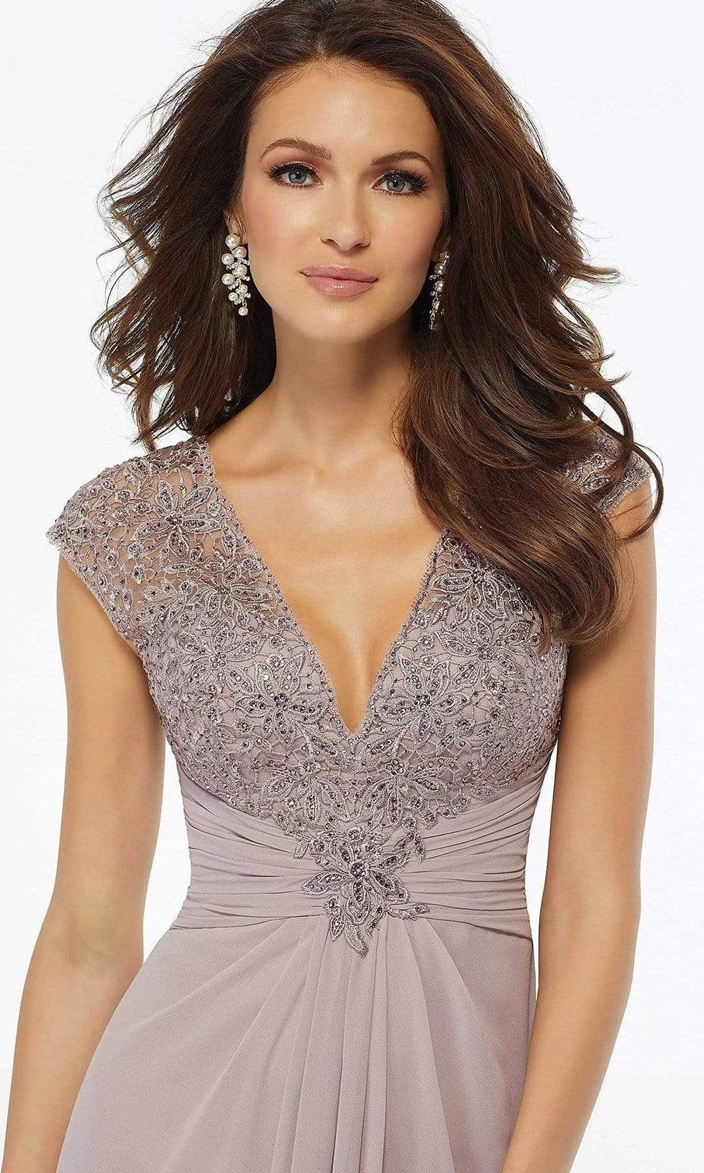 MGNY By Mori Lee - Beaded Lace Gathered Waist Chiffon Dress 72129SC - 1 pc Dusty Lilac In Size 18 Available CCSALE