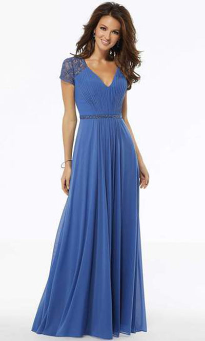 MGNY By Mori Lee - Pleated V Neck A-Line Dress In Blue