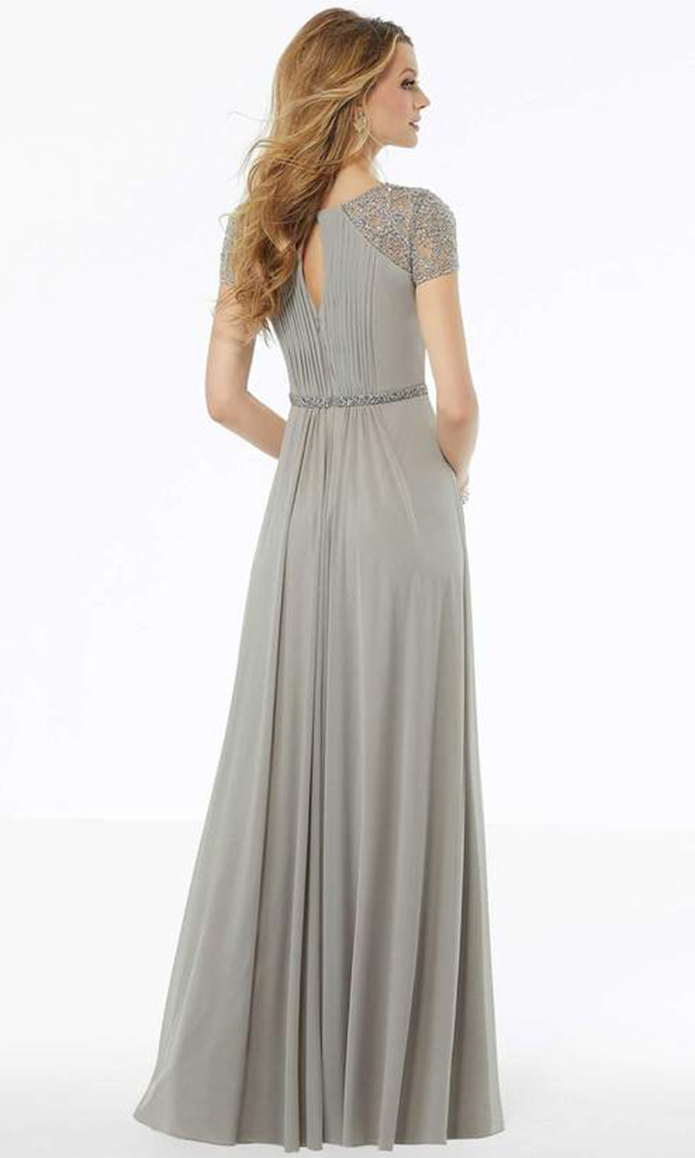 MGNY By Mori Lee - Pleated V Neck A-Line Dress in Gray