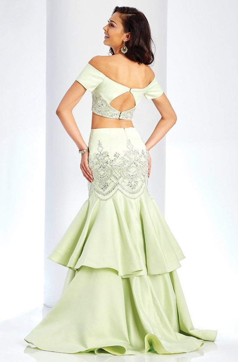 Clarisse - 4915 Off-Shoulder Two-Piece Tiered Trumpet Gown in Green