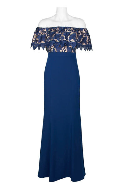 Aidan Mattox - MN1E202072 Floral Lace Off-Shoulder Sheath Dress In Blue
