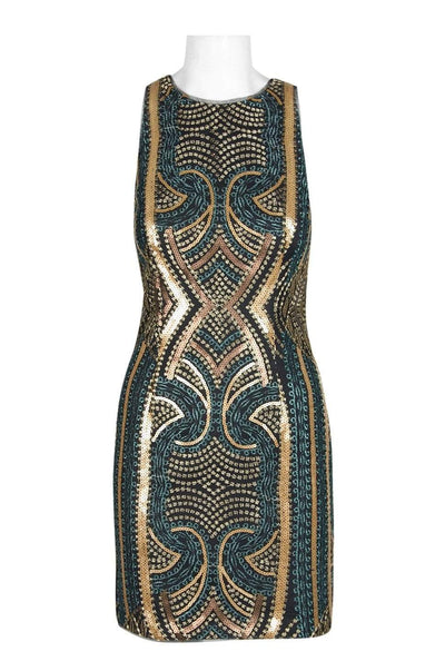 Aidan Mattox - MN1E202899 Embroidered Sequined Jewel Neck Sheath Dress In Gold and Multi-Color