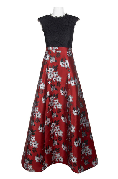 Aidan Mattox - MN1E203206 Floral Lace Metallic Jacquard A-line Dress In Red and Multi-Color