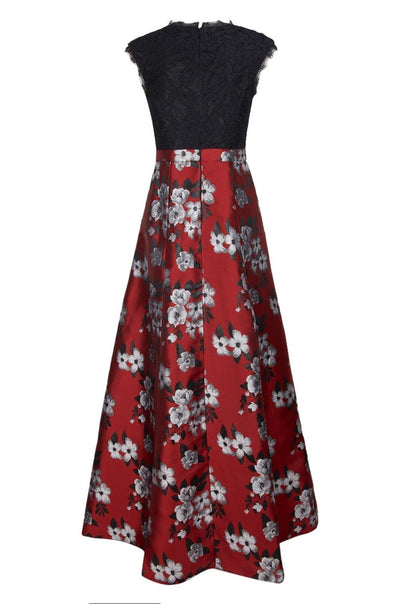 Aidan Mattox - MN1E203206 Floral Lace Metallic Jacquard A-line Dress In Red and Multi-Color