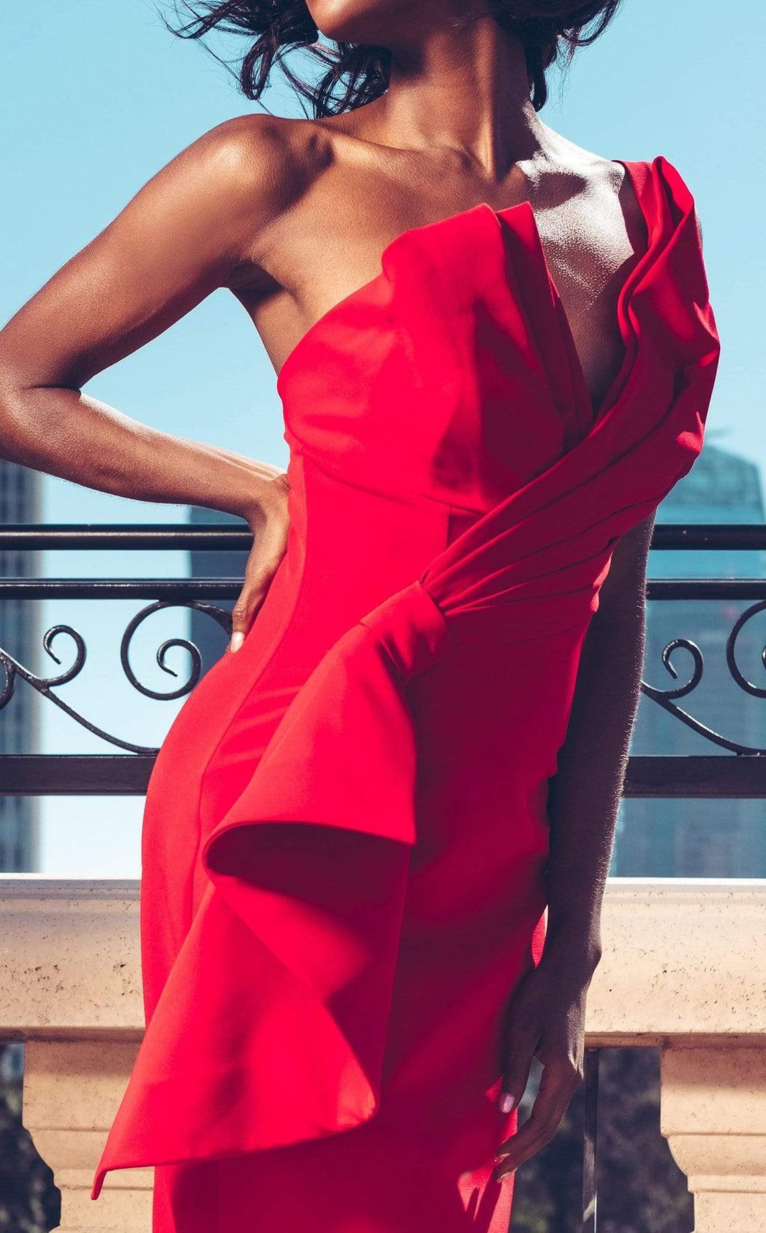 MNM COUTURE - 2425A One Shoulder Plunging V Neck Mermaid Gown In Red
