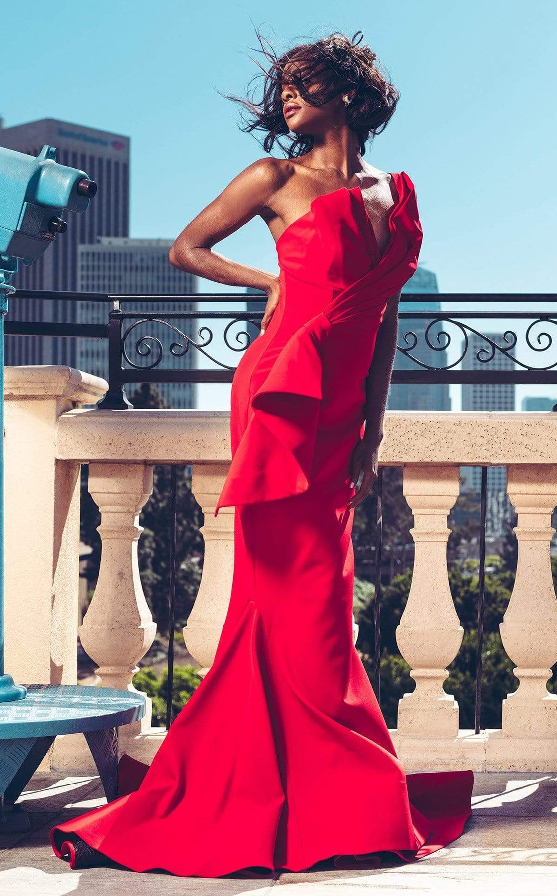 MNM COUTURE - 2425A One Shoulder Plunging V Neck Mermaid Gown In Red