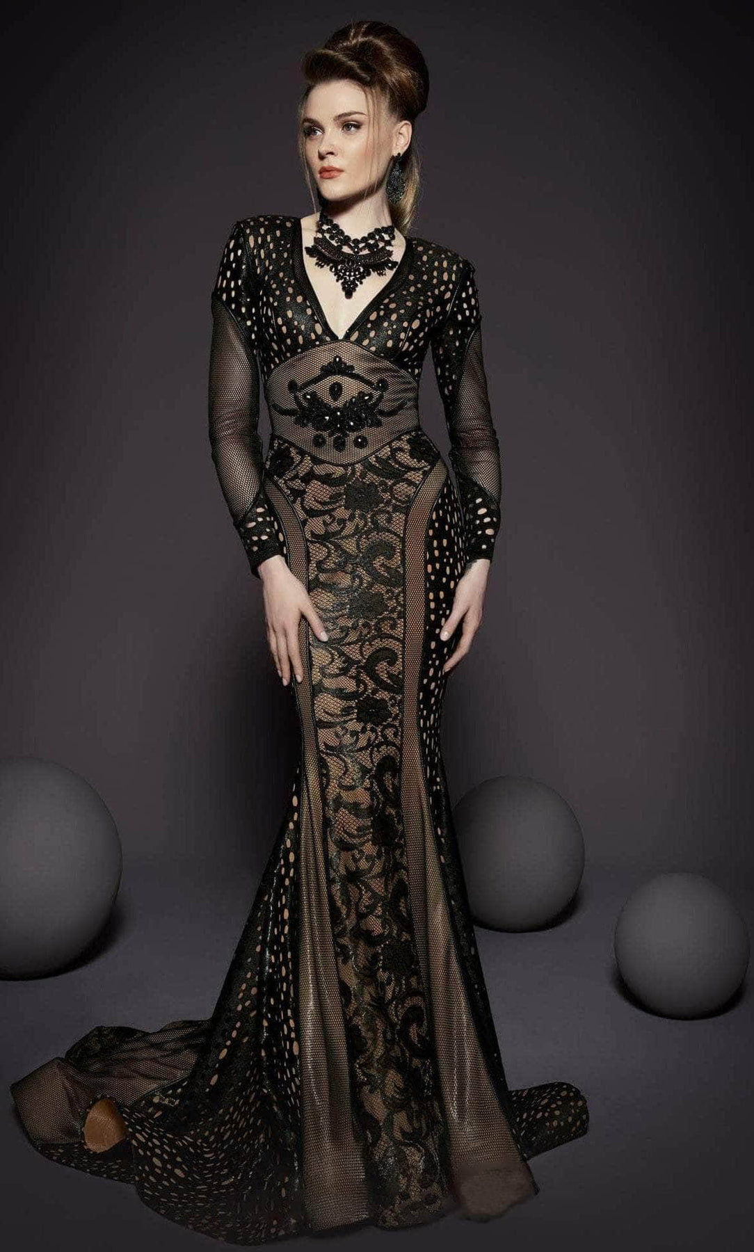 MNM Couture 2468 - Long Sheath Dress - Long sleeves, Fitted bodice, Lace, Edgy, Floor length, Sweep train ADASA MNM Couture 2468 - Long Sheath Dress - Long sleeves, Fitted bodice, Lace, Edgy, Floor length, Sweep train ADASA