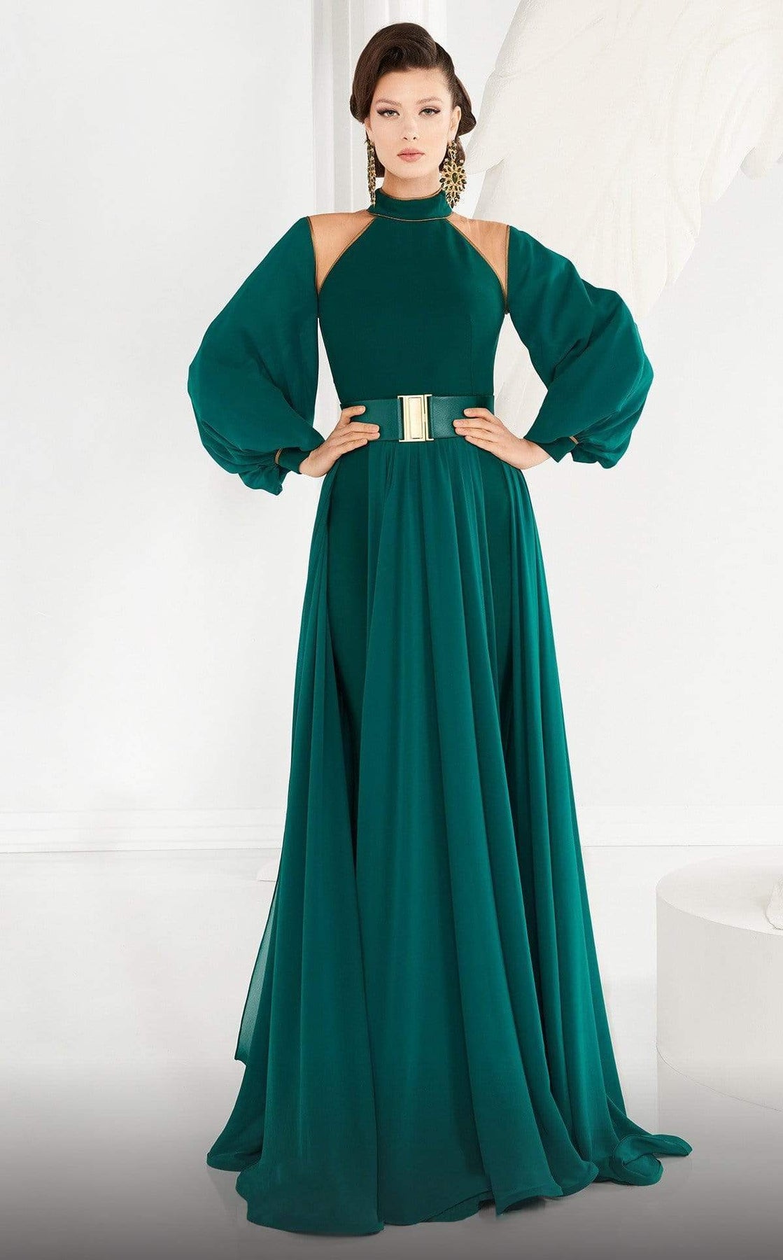 MNM COUTURE - 2480A High Neck Long Puff Sleeved Gown with Overskirt In Green