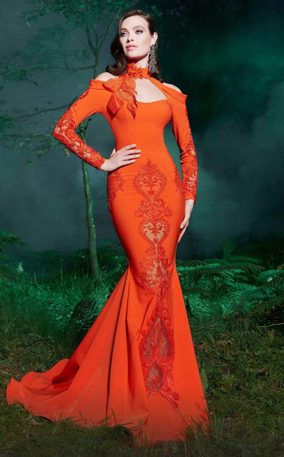 MNM COUTURE - 2502 High Neck Cutaway Shoulder Mermaid Gown In Orange