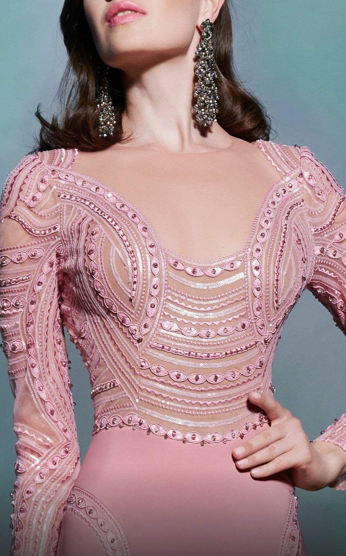 MNM COUTURE - 2503 Long Sleeve Intricately Beaded Mermaid Gown Special Occasion Dress