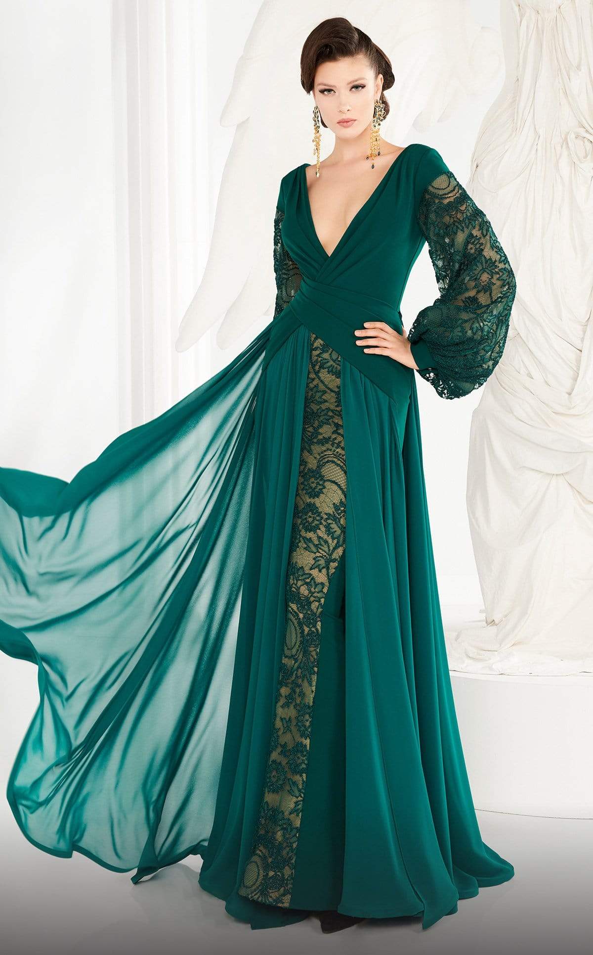 MNM COUTURE - 2551 Embroidered Lace Bishop Sleeve Surplice Gown In Green