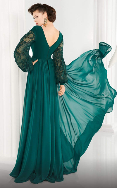 MNM COUTURE - 2551 Embroidered Lace Bishop Sleeve Surplice Gown In Green