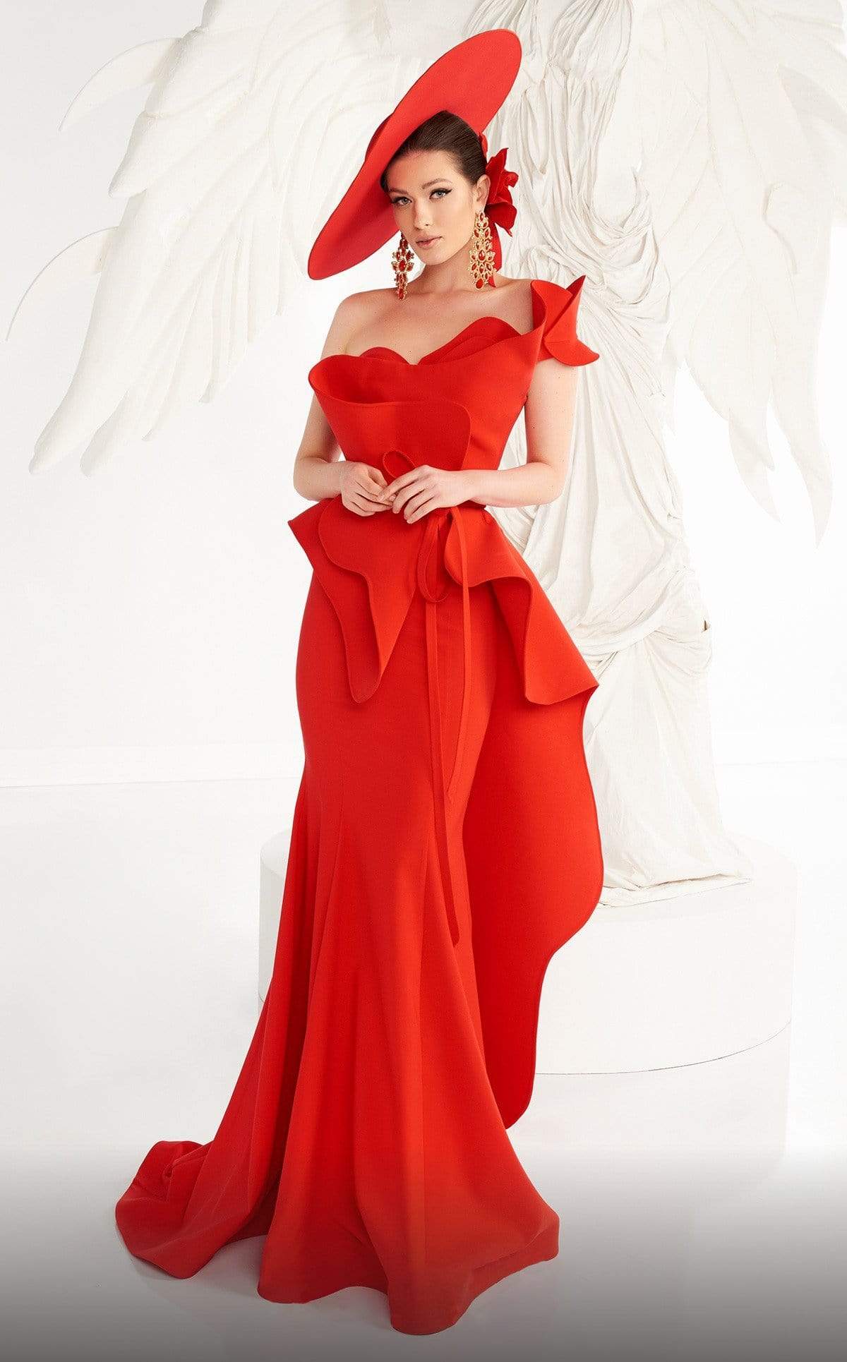 MNM COUTURE - 2553 One Shoulder Origami Bodice Mermaid Gown In Red