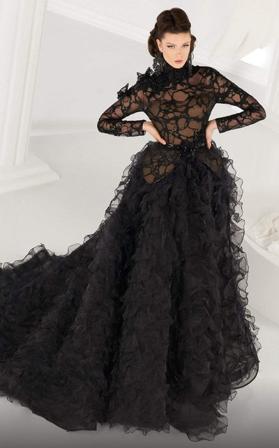 MNM COUTURE - 2557 Appliqued High Neck Ruffled Ballgown In Black
