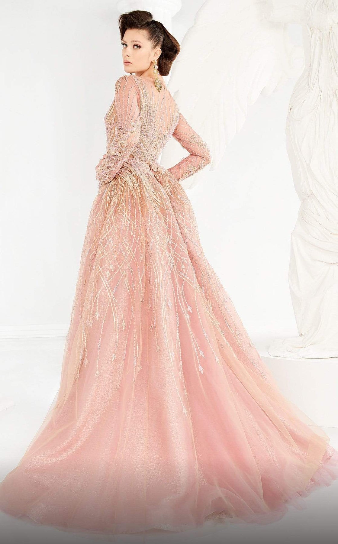 MNM COUTURE - 2559 Long Sleeve Beaded Illusion Overskirt Gown Pageant Dresses