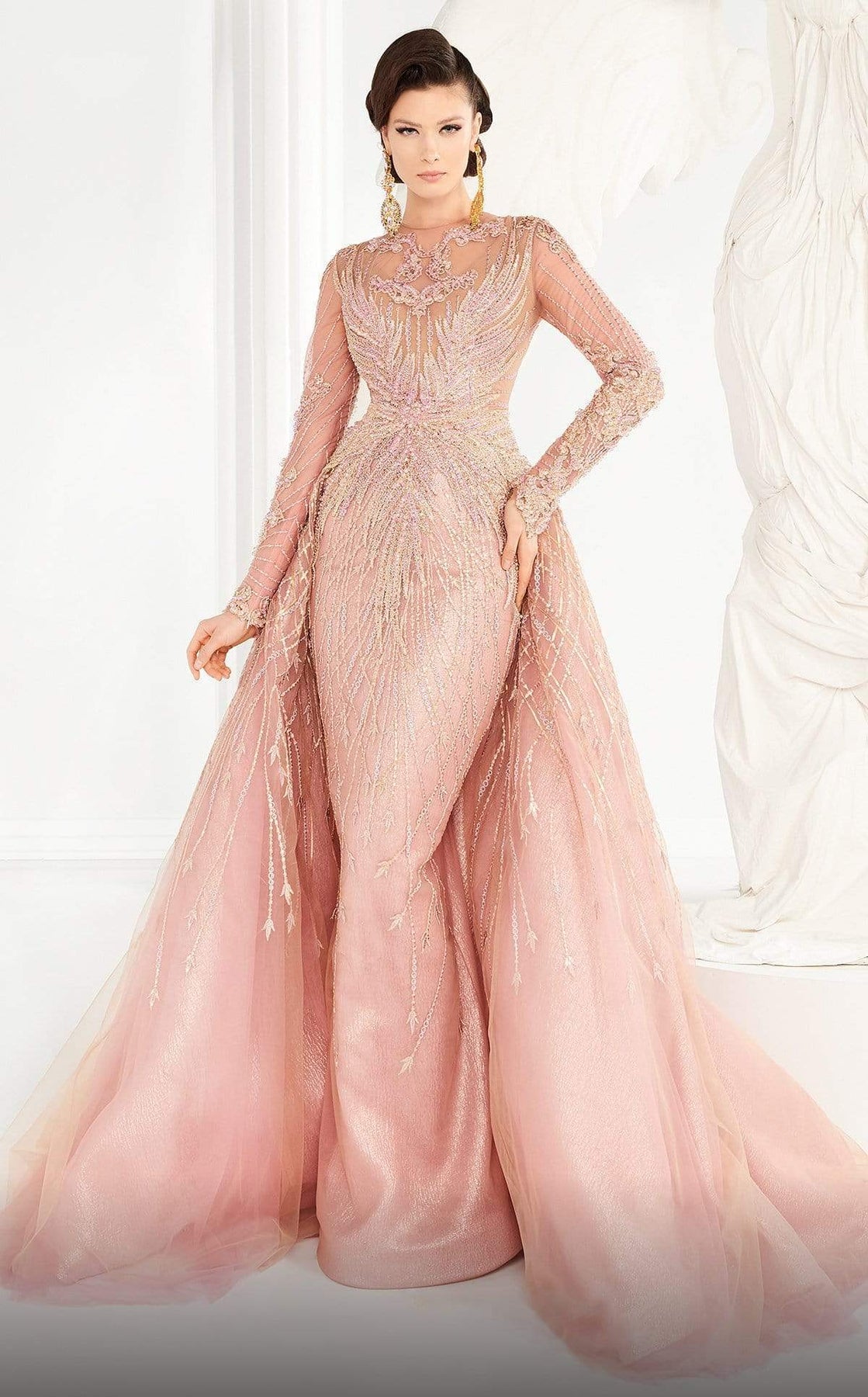 MNM COUTURE - 2559 Long Sleeve Beaded Illusion Overskirt Gown Pageant Dresses 4 / Pink