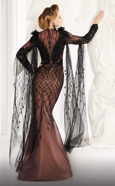 MNM COUTURE - 2560 Long Sleeve Beaded Sheer Cascade Mermaid Gown Evening Dresses