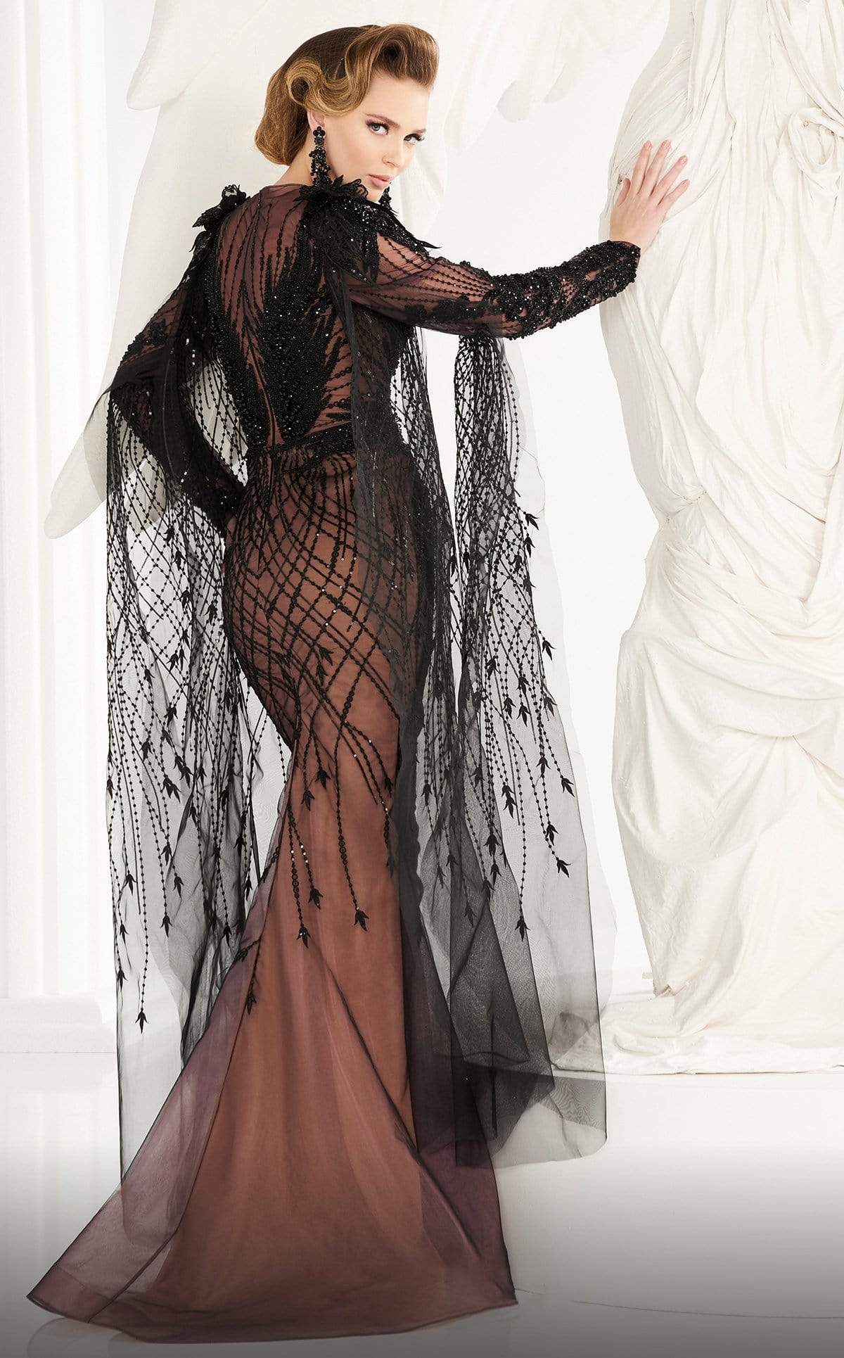 MNM COUTURE - 2560 Long Sleeve Beaded Sheer Cascade Mermaid Gown Evening Dresses