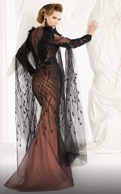 MNM COUTURE - 2560 Long Sleeve Beaded Sheer Cascade Mermaid Gown Evening Dresses