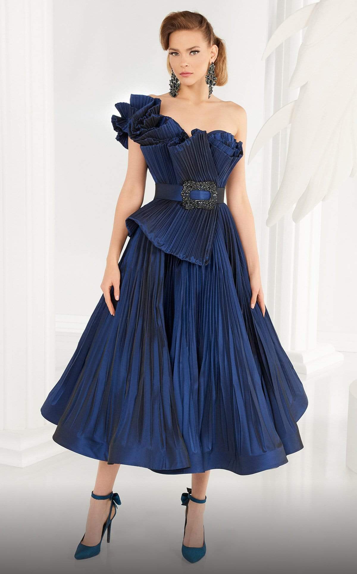 MNM Couture - 2565 Peplum Style Tea-Length Dress Special Occasion Dresses 4 / Navy Blue