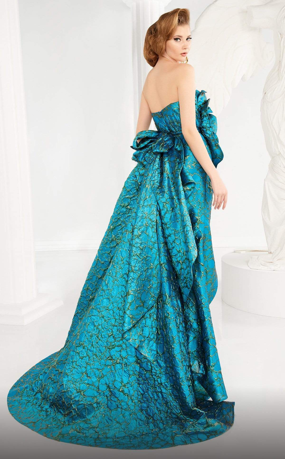 MNM COUTURE - 2567 Strapless Rosette Folded Metallic Long Gown In Blue and Green