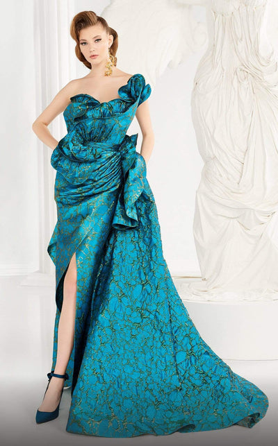 MNM COUTURE - 2567 Strapless Rosette Folded Metallic Long Gown In Blue and Green