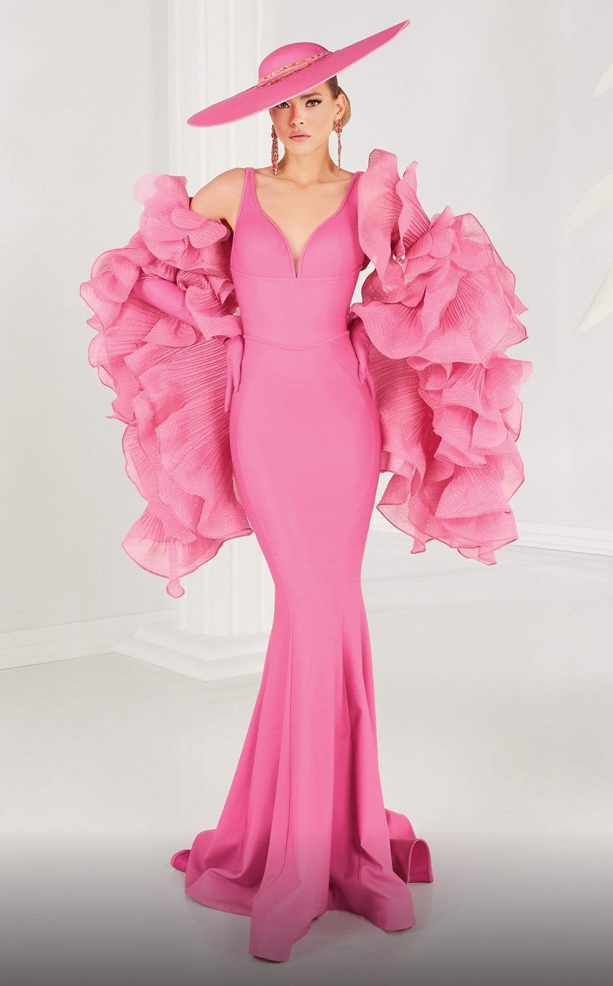 MNM COUTURE - 2575 Deep V-neck Trumpet Dress With Ruffled Shawl Prom Dresses 4 / Pink