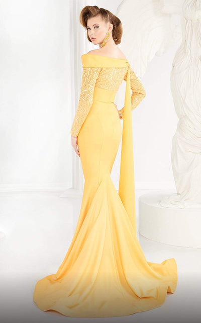 MNM COUTURE - 2578 Beaded Asymmetrical Neck Empire Long Gown Evening Dresses