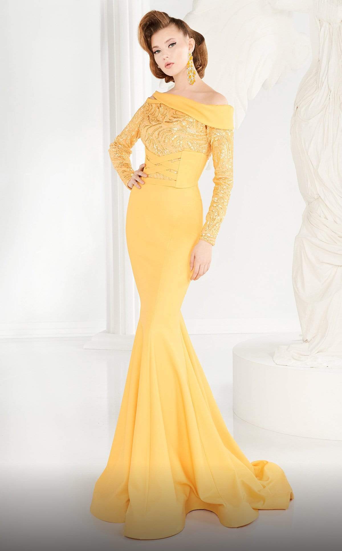 MNM COUTURE - 2578 Beaded Asymmetrical Neck Empire Long Gown In Yellow