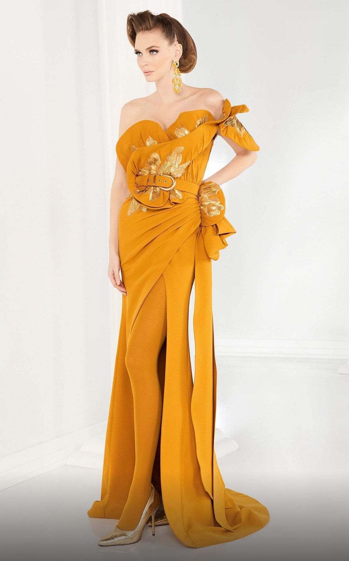 MNM COUTURE - 2579 Sequined Asymmetric Neck Fitted Dress Pageant Dresses
