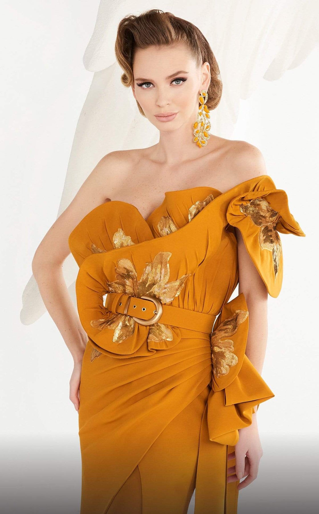 MNM COUTURE - 2579 Sequined Asymmetric Neck Fitted Dress In Yellow