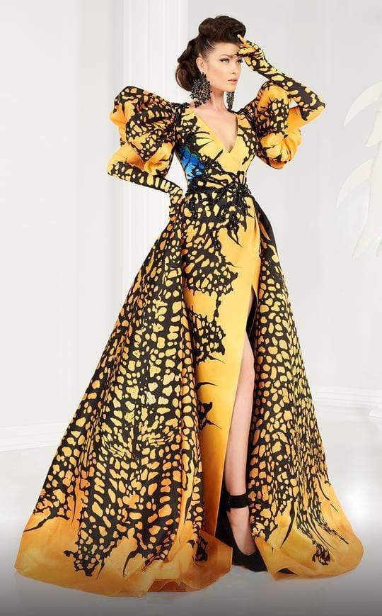 MNM COUTURE - 2594 Dramatic Long Sleeve V-neck Dress With Overskirt Evening Dresses 4 / Yellow