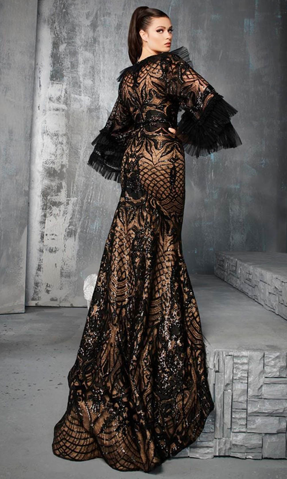 MNM Couture 2653 - Embroidered Applique Bell Sleeve Evening Gown Evening Dresses