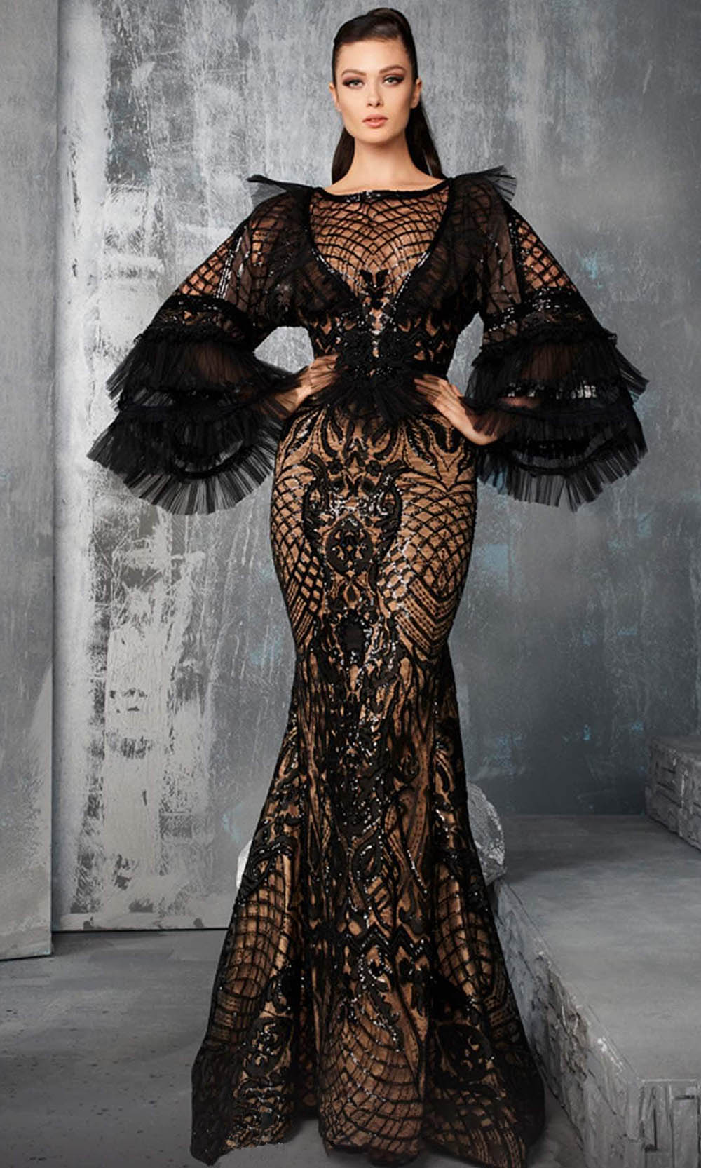 MNM Couture 2653 - Embroidered Applique Bell Sleeve Evening Gown Evening Dresses 4 / Black