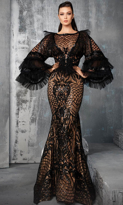 MNM Couture 2653 - Embroidered Applique Bell Sleeve Evening Gown Evening Dresses 4 / Black