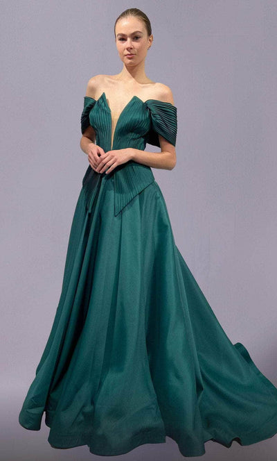 MNM Couture 2687 - Off Shoulder Taffeta Gown Evening Dresses 4 / Green