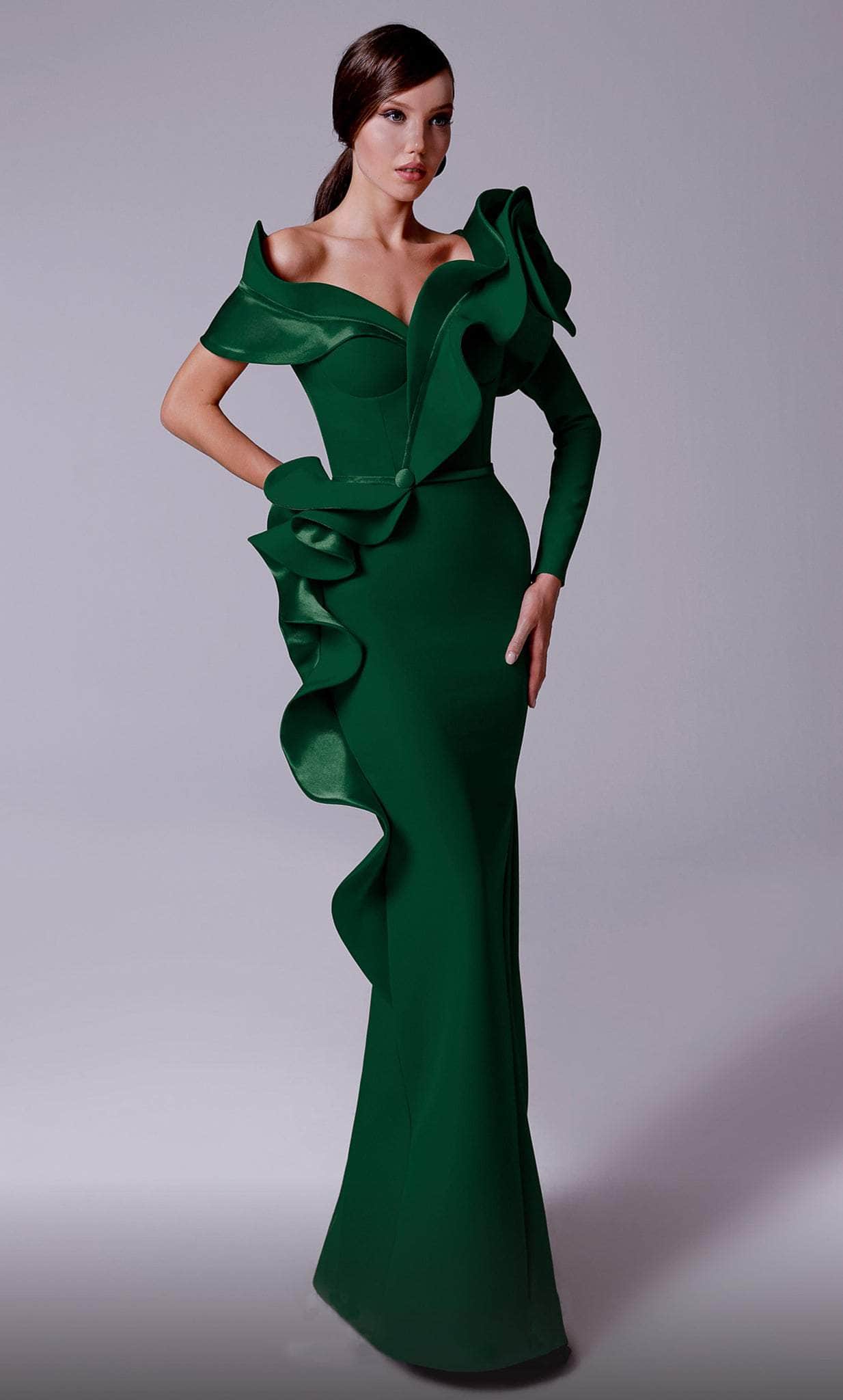 MNM Couture 2714 - Ruffled Detail Mermaid Evening Gown Evening Dresses 4 / Green