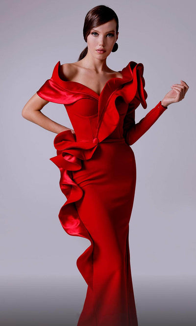 MNM Couture 2714 - Ruffled Detail Mermaid Evening Gown Evening Dresses 4 / Red