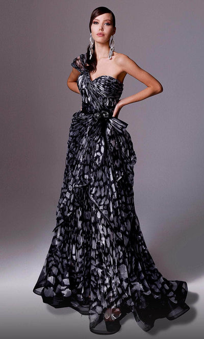 MNM COUTURE 2717 - Pleated A-line Long Gown Evening Dresses 4 / Black/White