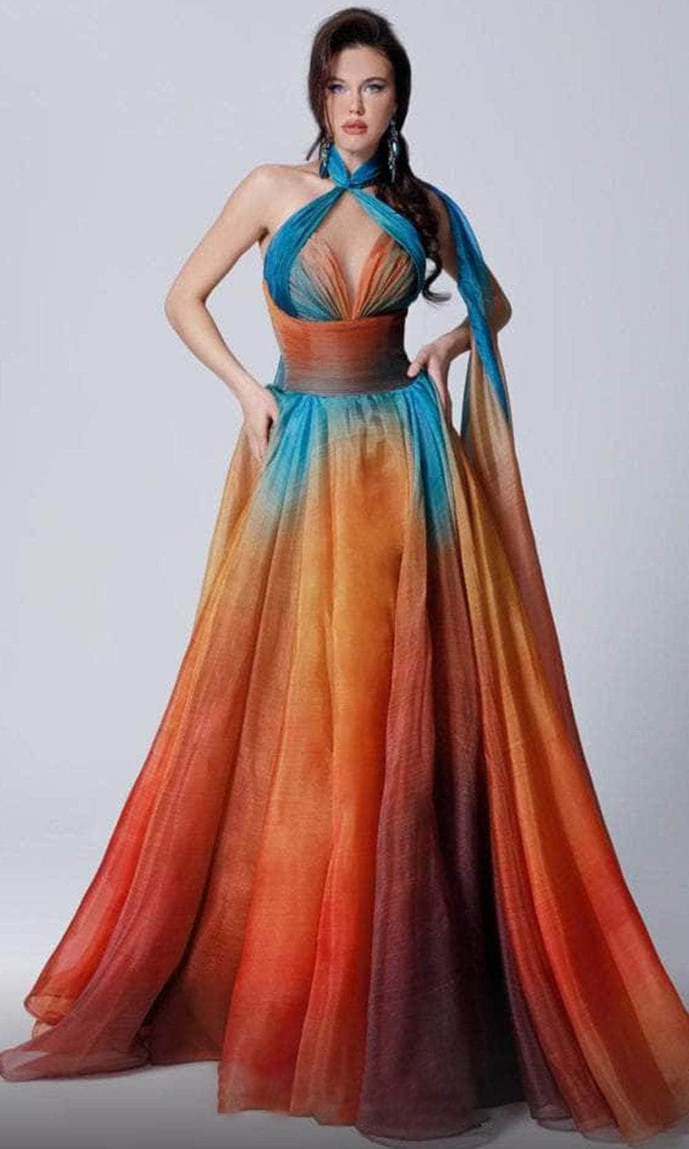 MNM COUTURE 2721A - Sleeveless Halter Neck Long Dress Prom Dresses 4 / Multicolor
