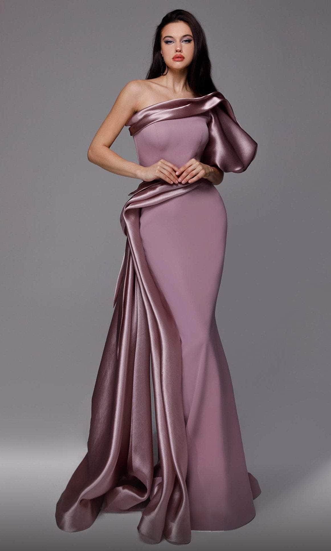 MNM COUTURE 2722 - Puffed Sleeve Asymmetric Evening Gown Special Occasion Dress 4 / Purple