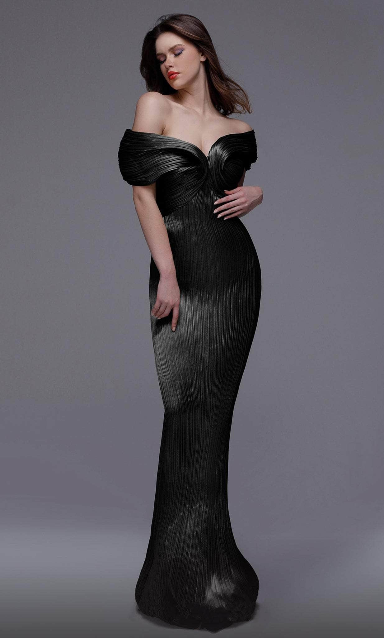 MNM COUTURE 2729 - Metallic Pleated Evening Gown Evening Dresses 4 / Black